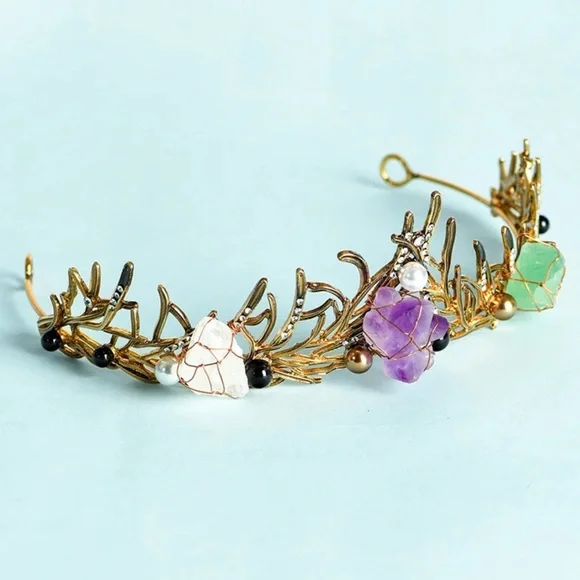 Elegant Crystal Tiara Amethyst Flourite & Quartz faux pearls and rhinestones NEW - Picture 2 of 7